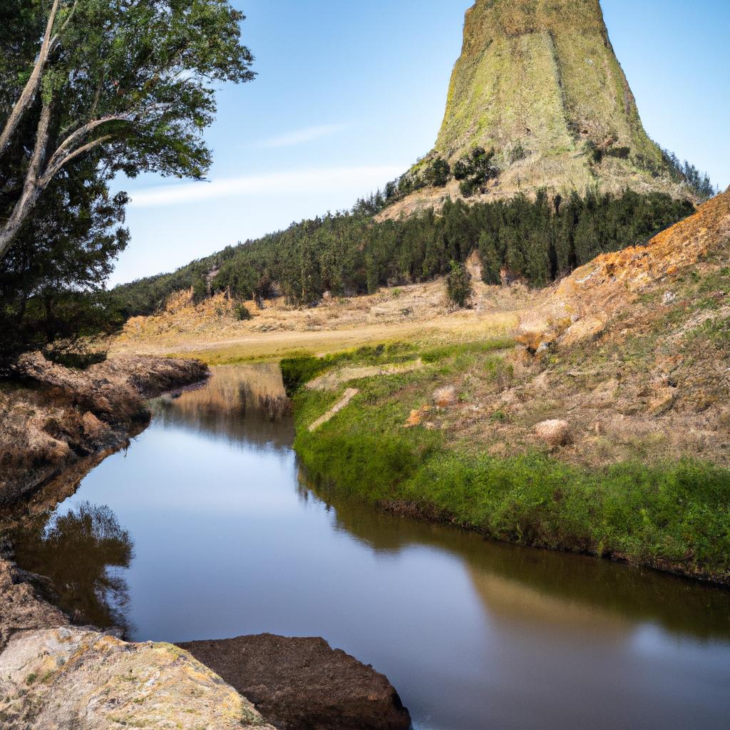The calm and tranquil Belle Fourche River flowing past the majestic Devils Tower Rock