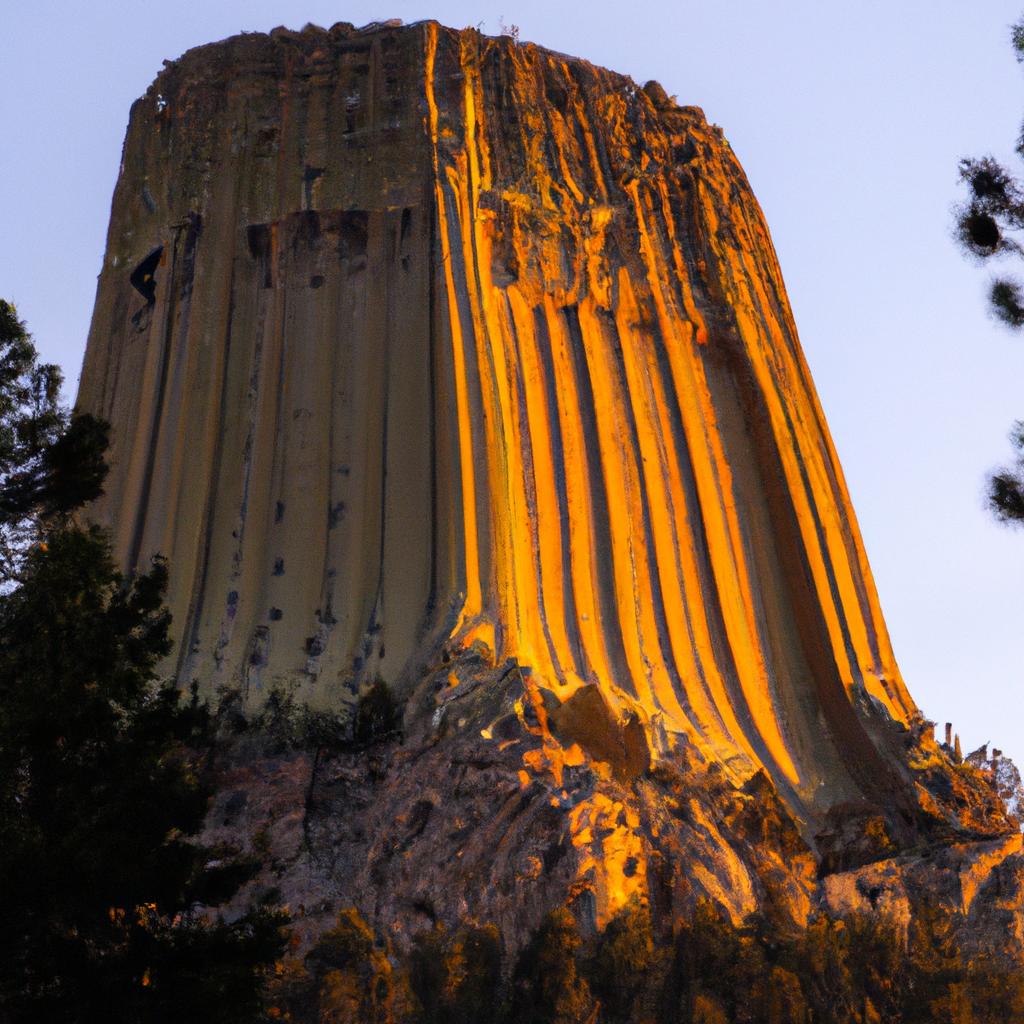 The first rays of the sun illuminating Devils Tower Rock in all its glory