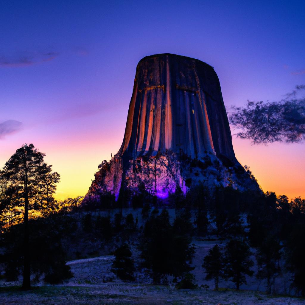 As the sun sets, the sky above Devils Tower Rock is painted in a beautiful array of colors