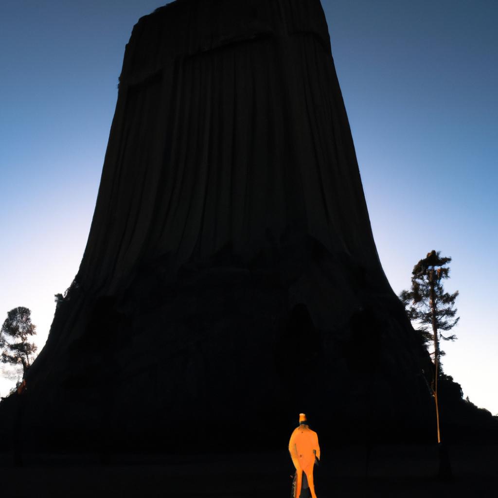 The Devils Tower is a stunning sight to behold at sunset, with its reddish glow against the darkening sky.