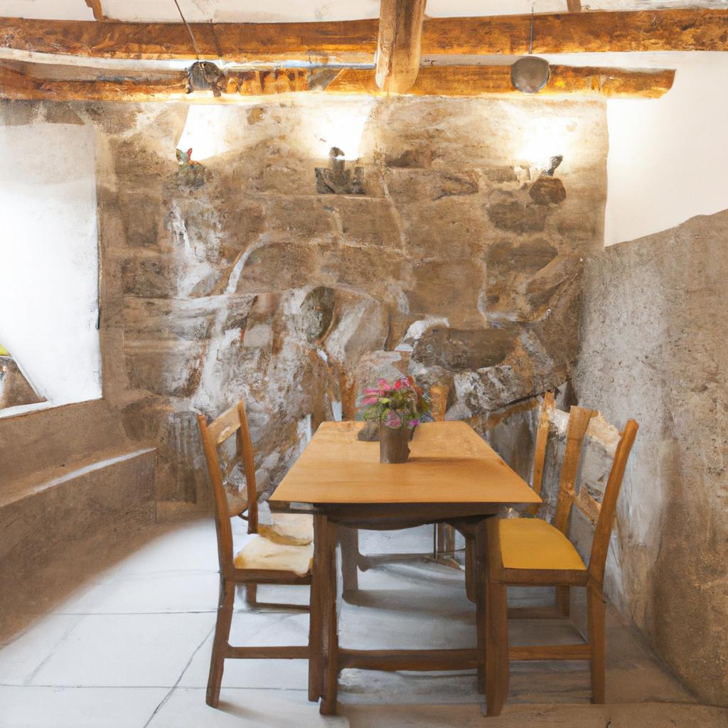 This dining area in a rock house Portugal interior features a rustic wooden table and stone walls that create a warm and inviting atmosphere.