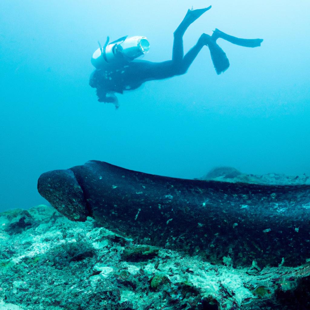 A diver comes face-to-face with a giant snake in the murky depths, its massive body coiled and ready to strike.
