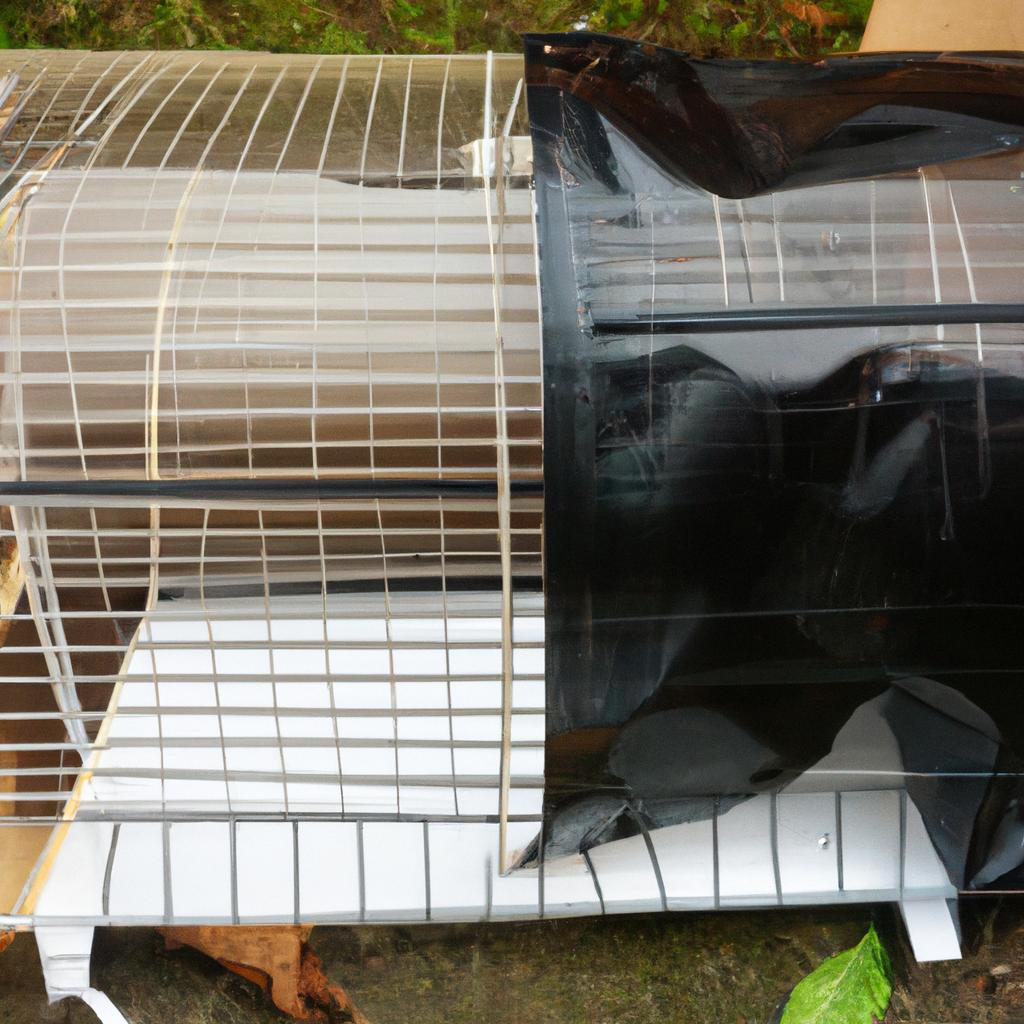 A pet hamster running on a wheel in a DIY outdoor enclosure made of PVC pipes and mesh wire.