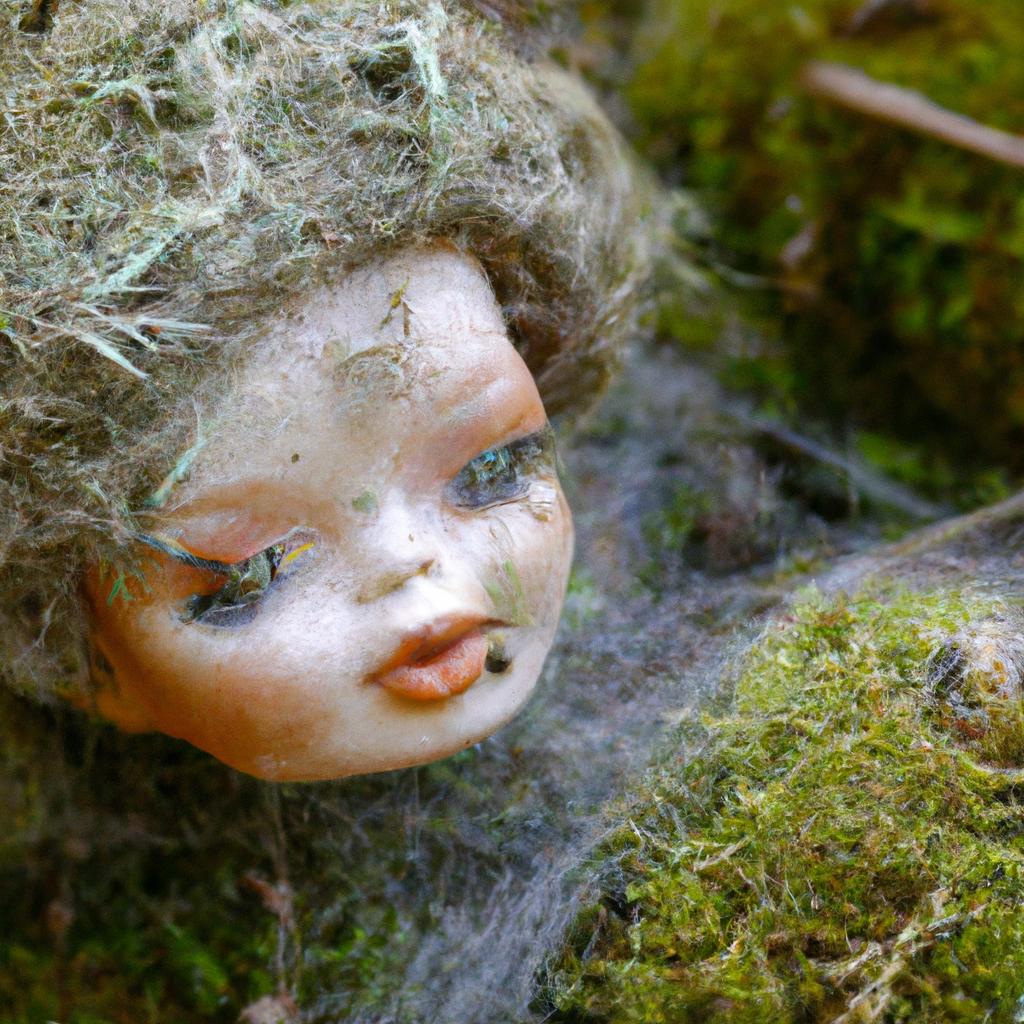 Nature takes over: a doll's face is almost entirely covered in moss and spider webs on the Island of Dolls
