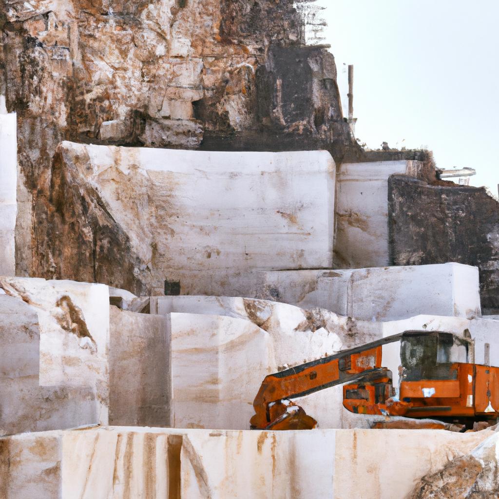 A worker using machinery to extract marble from the quarry