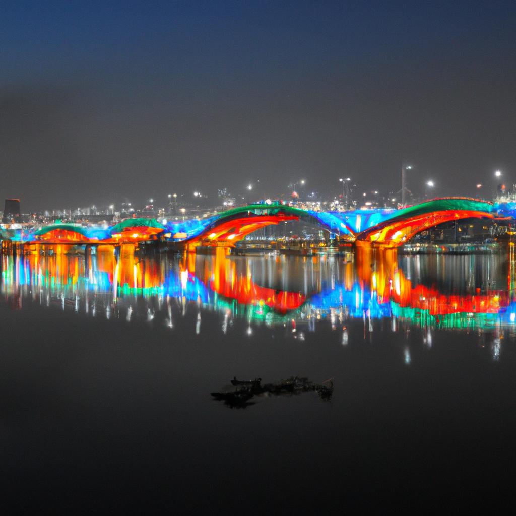 The picturesque scenery of Dragon Bridge and the Han River reflecting on the water in Danang