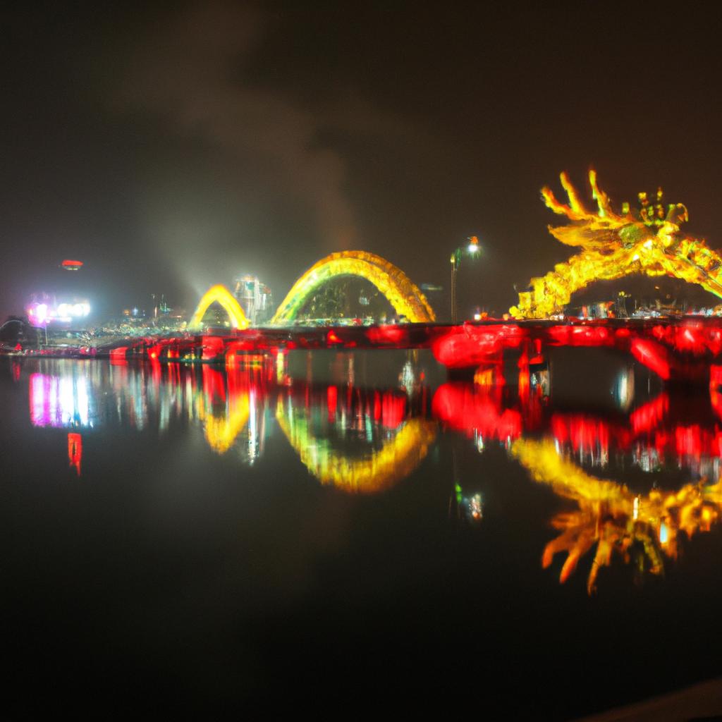 The colorful lights of Dragon Bridge illuminating the Han River in Danang