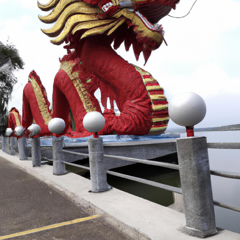 The dragon statue on the bridge adds to the mythical and majestic vibe of the structure.