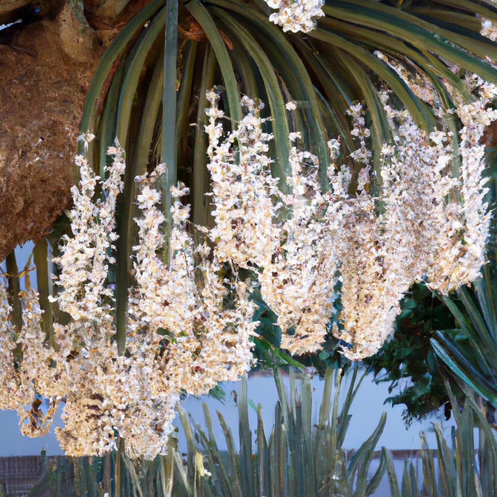 The dragon tree socotra blooms once a year with small white flowers that attract pollinators.