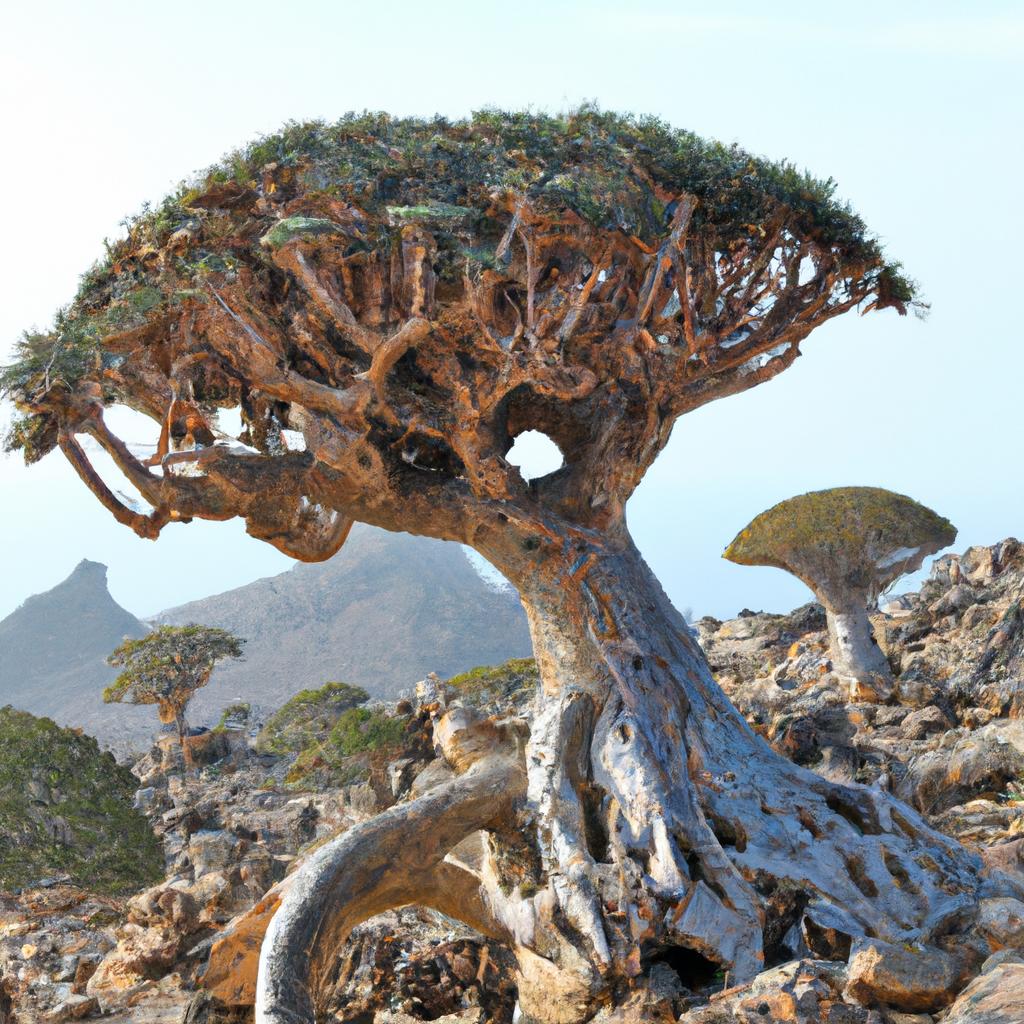 The dragon tree socotra is known for its unique shape with twisted branches and a hollow trunk that can store water.