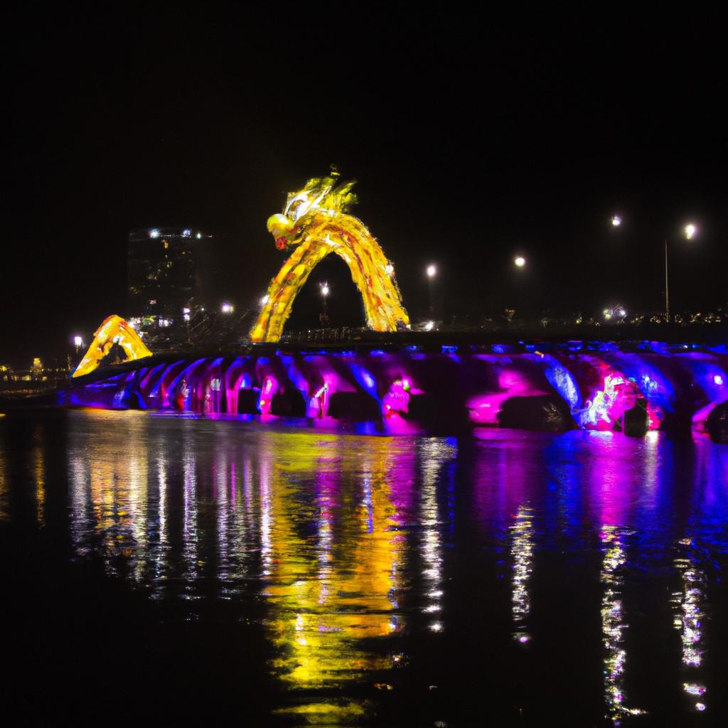 The Dragon Vietnam Bridge lights up the Da Nang skyline with its colorful LED lights.