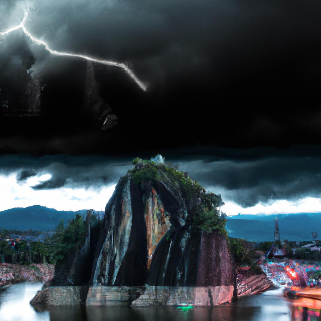 The Rock of Guatapé standing strong against the stormy skies and lightning