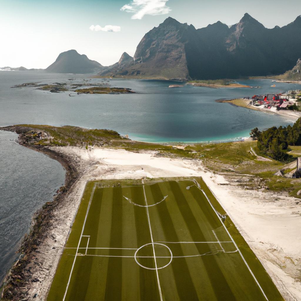 A drone captures the beauty of the Lofoten soccer field from above
