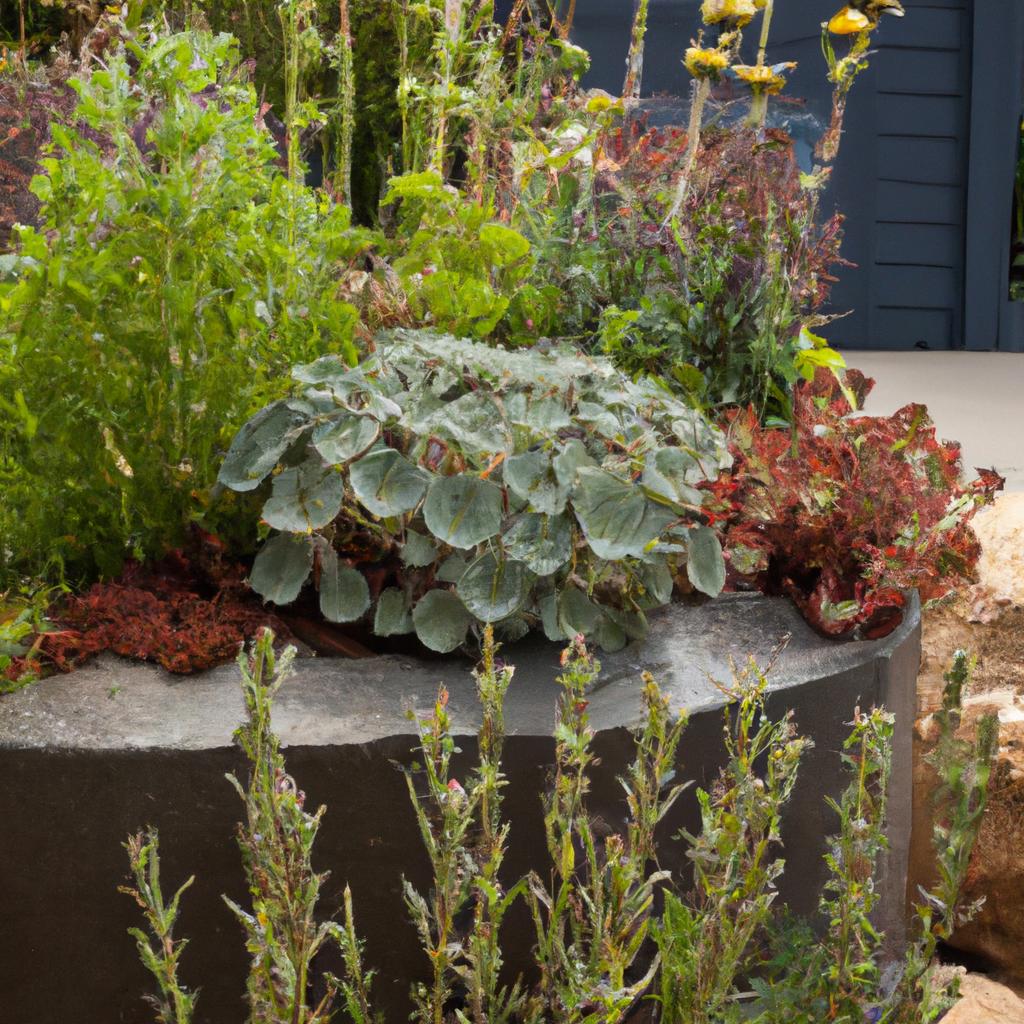 A container garden filled with drought-tolerant plants on a patio