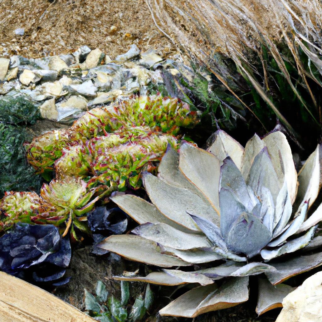 A close-up of a variety of drought-tolerant plants in a garden bed