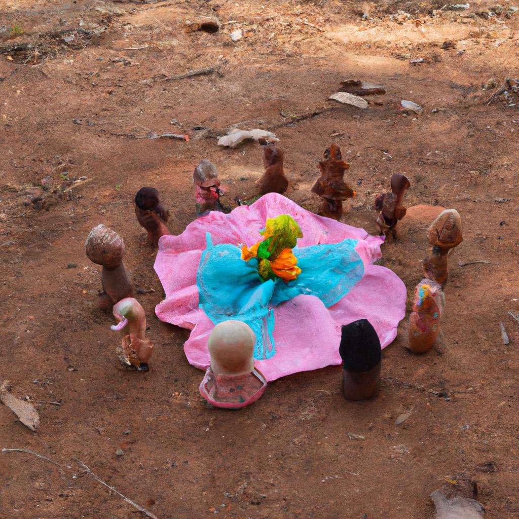 Eerie circle: a group of dolls arranged in a circle on the ground of the Island of Dolls