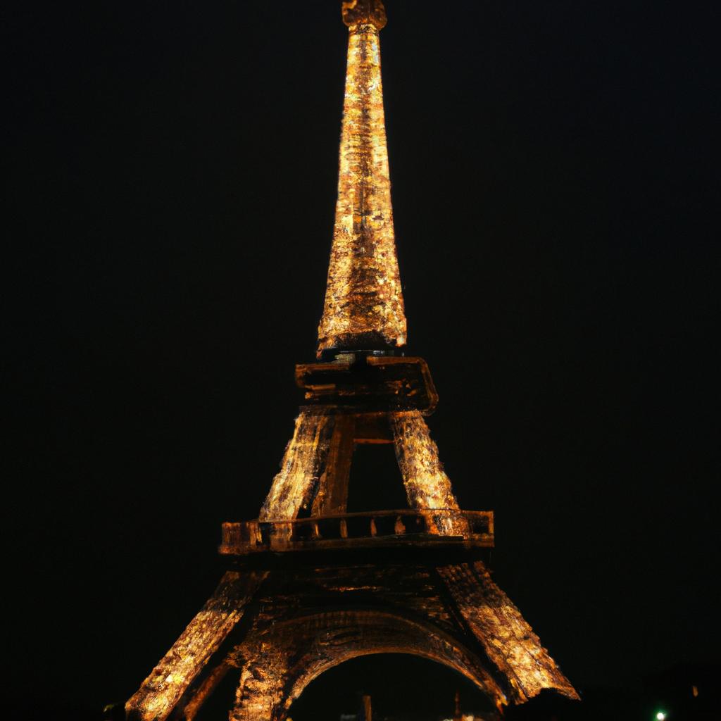 The Eiffel Tower, a dazzling sight at night with its lights illuminating the Parisian skyline