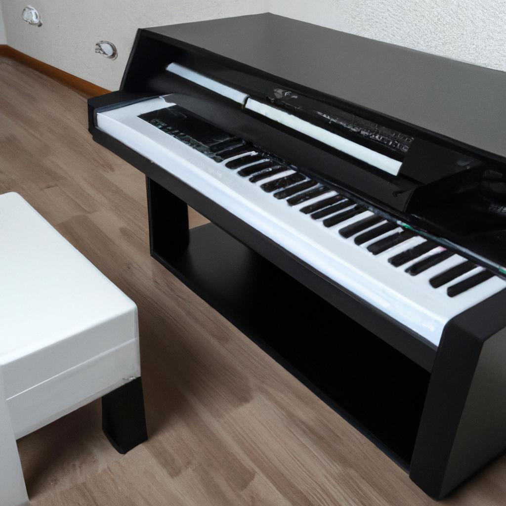This sleek electric house piano adds a contemporary touch to this modern apartment