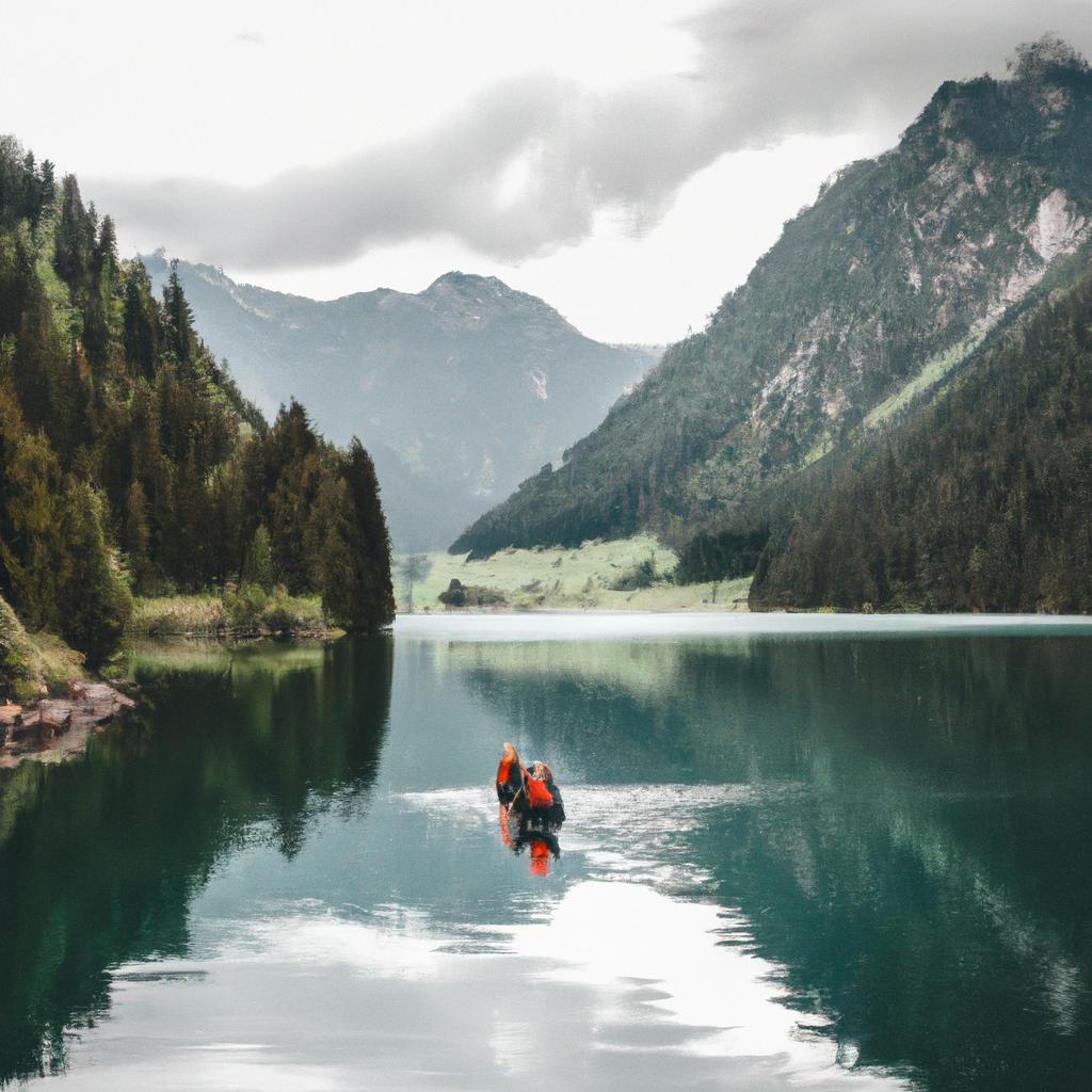 Couple canoeing on Emerald Lake in Austria