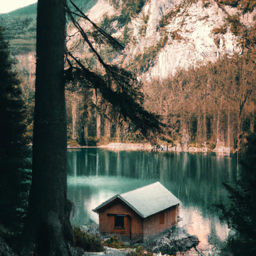Wooden cabin beside Emerald Lake in Austria