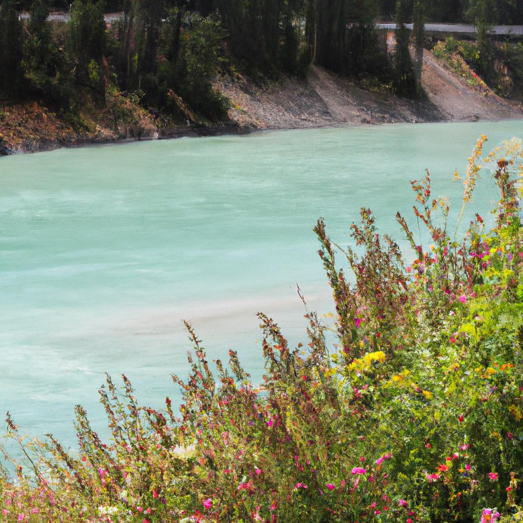 The river is surrounded by a variety of wildflowers, adding to the natural beauty of the area.