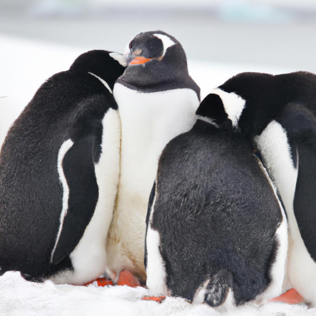 Adorable emperor penguins gather on the snow-covered beach of Antarctica.