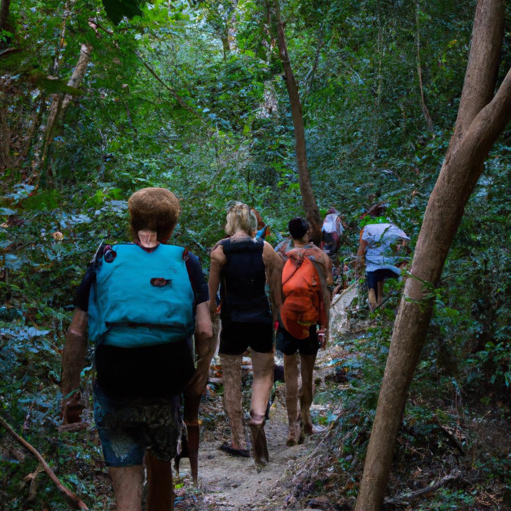 Hiking towards the Erawan Falls is a popular activity for adventure enthusiasts