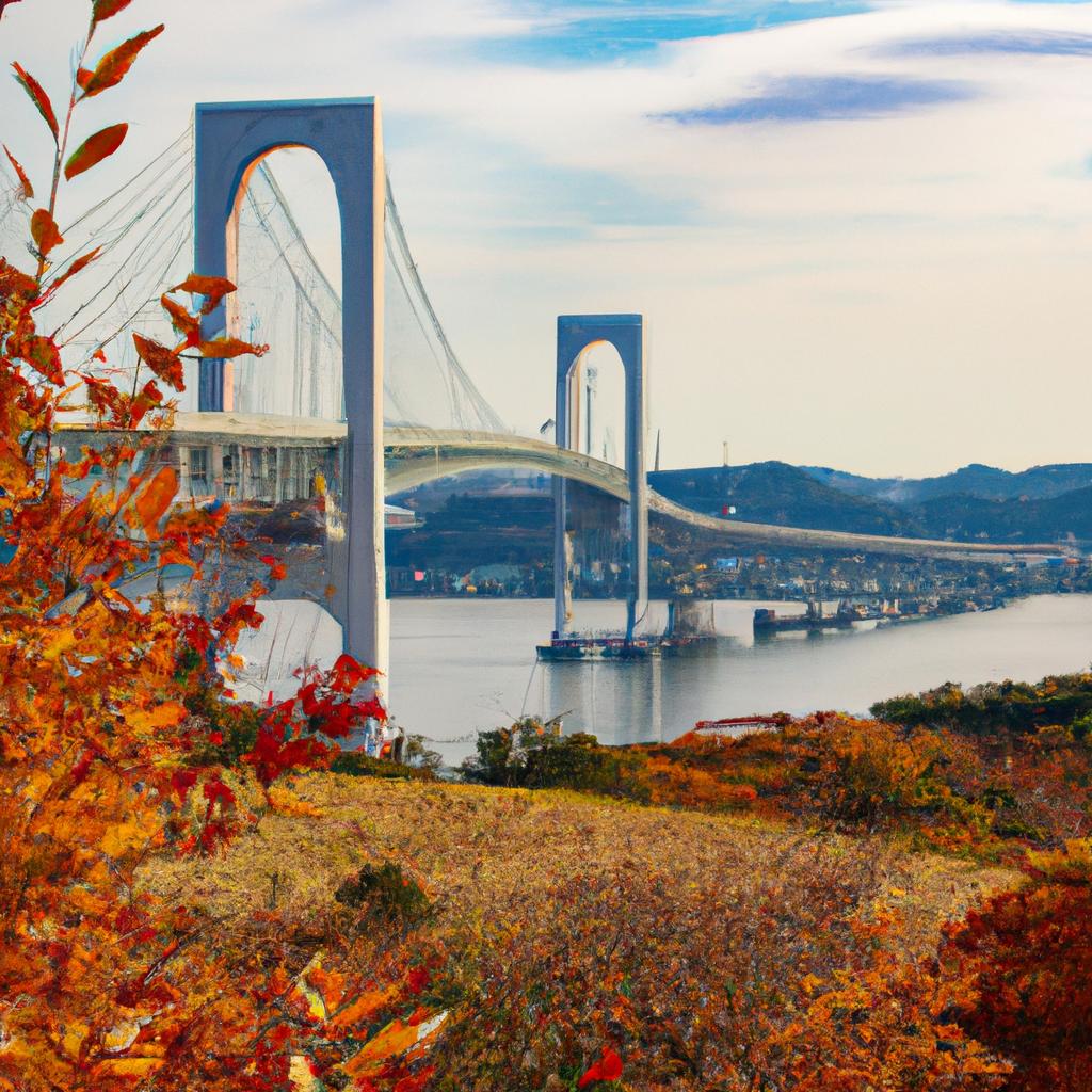 The Eshima Ohashi Grand Bridge is a popular spot for autumn foliage viewing.