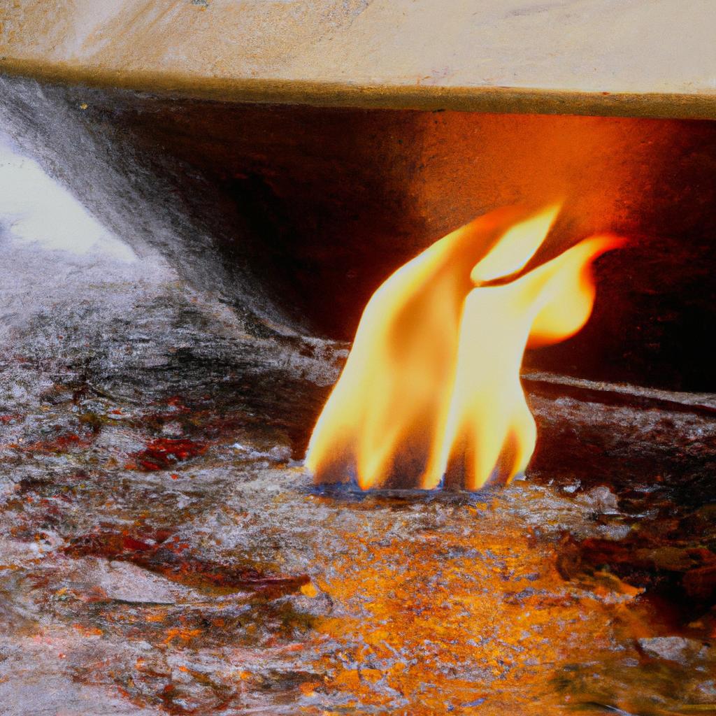 The eternal flame flickers at the base of the waterfall.
