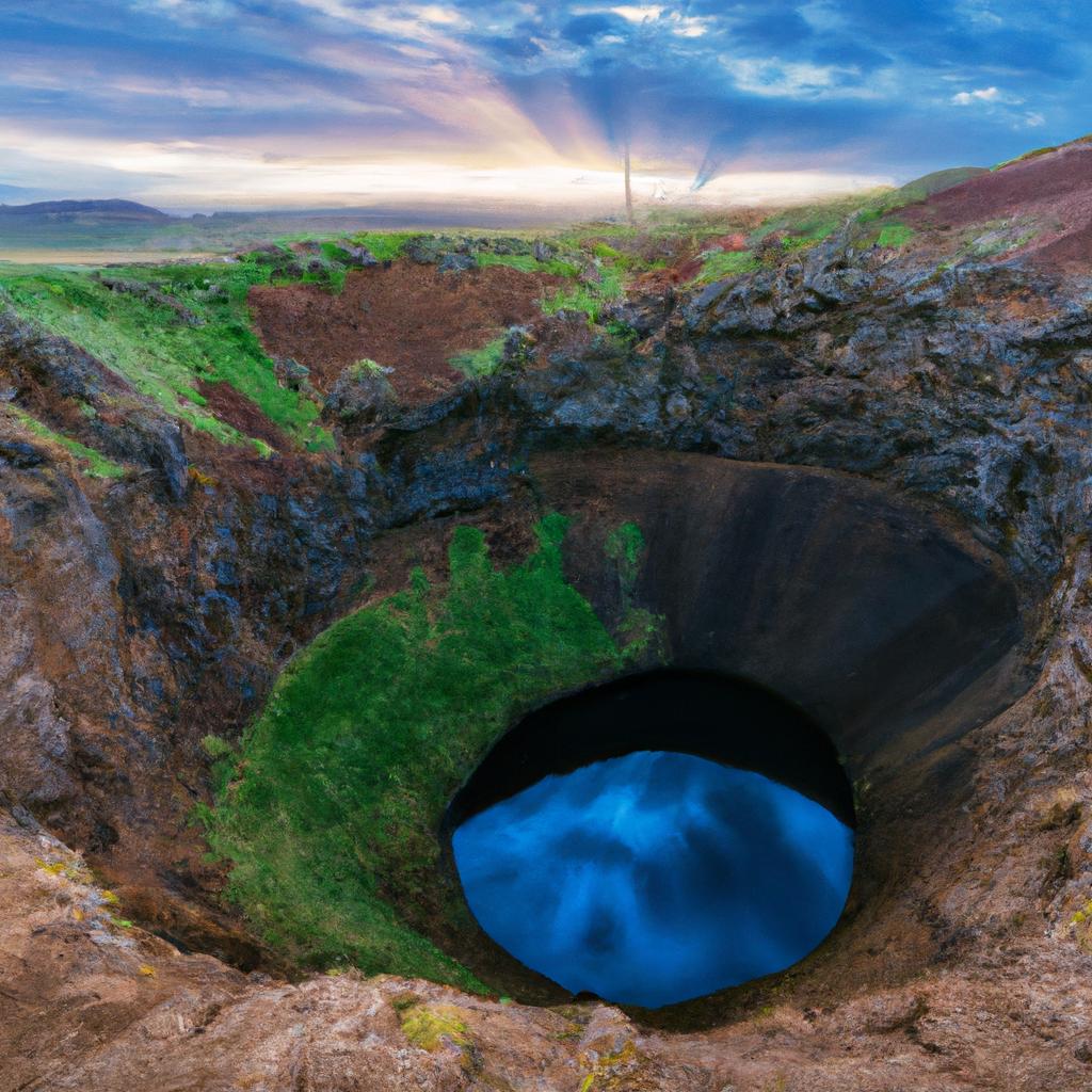 Sunset view of the Eye of the Earth in Iceland