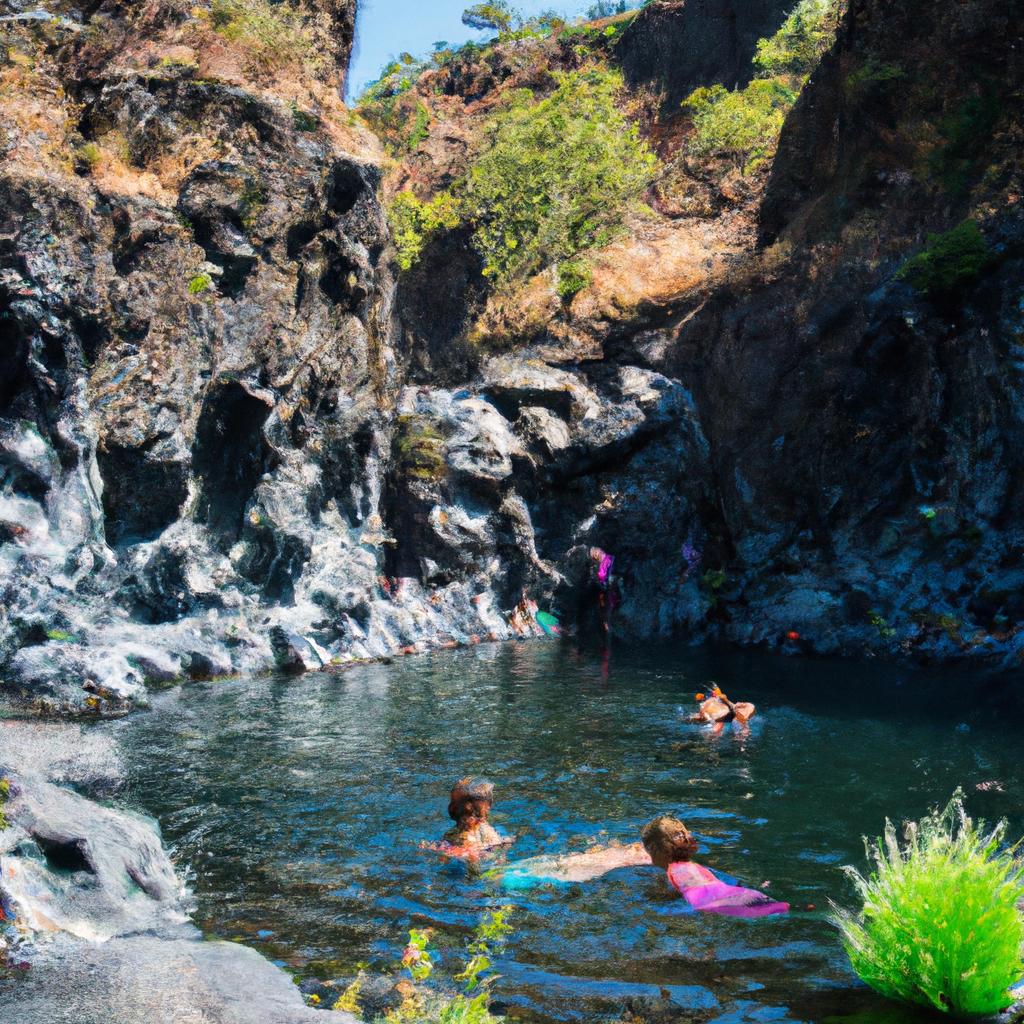 Families enjoying a refreshing swim in the natural pools of Alcantara Gorge.