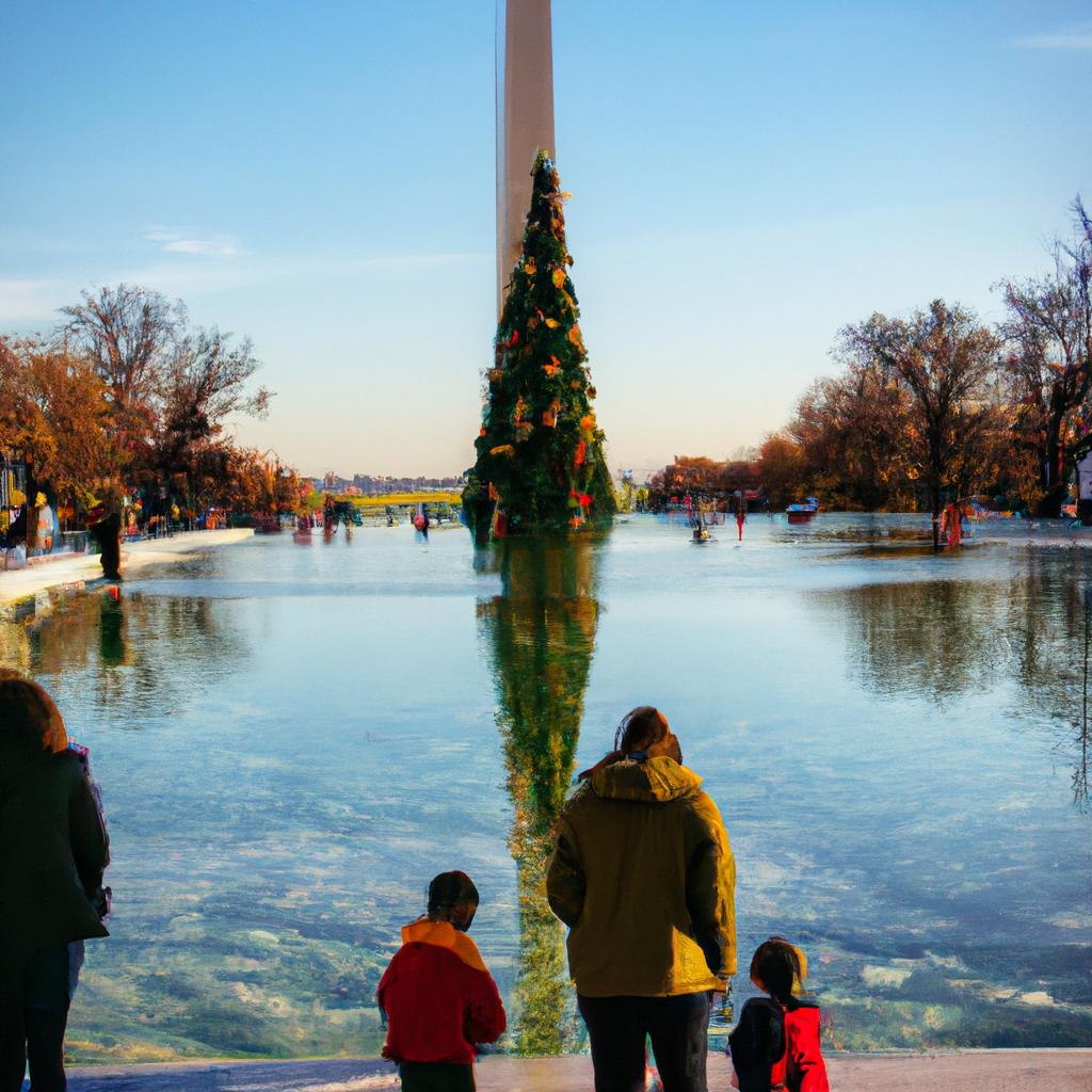 The Reflecting Pool at New York Botanical Garden is home to a stunning Christmas tree that towers over visitors.
