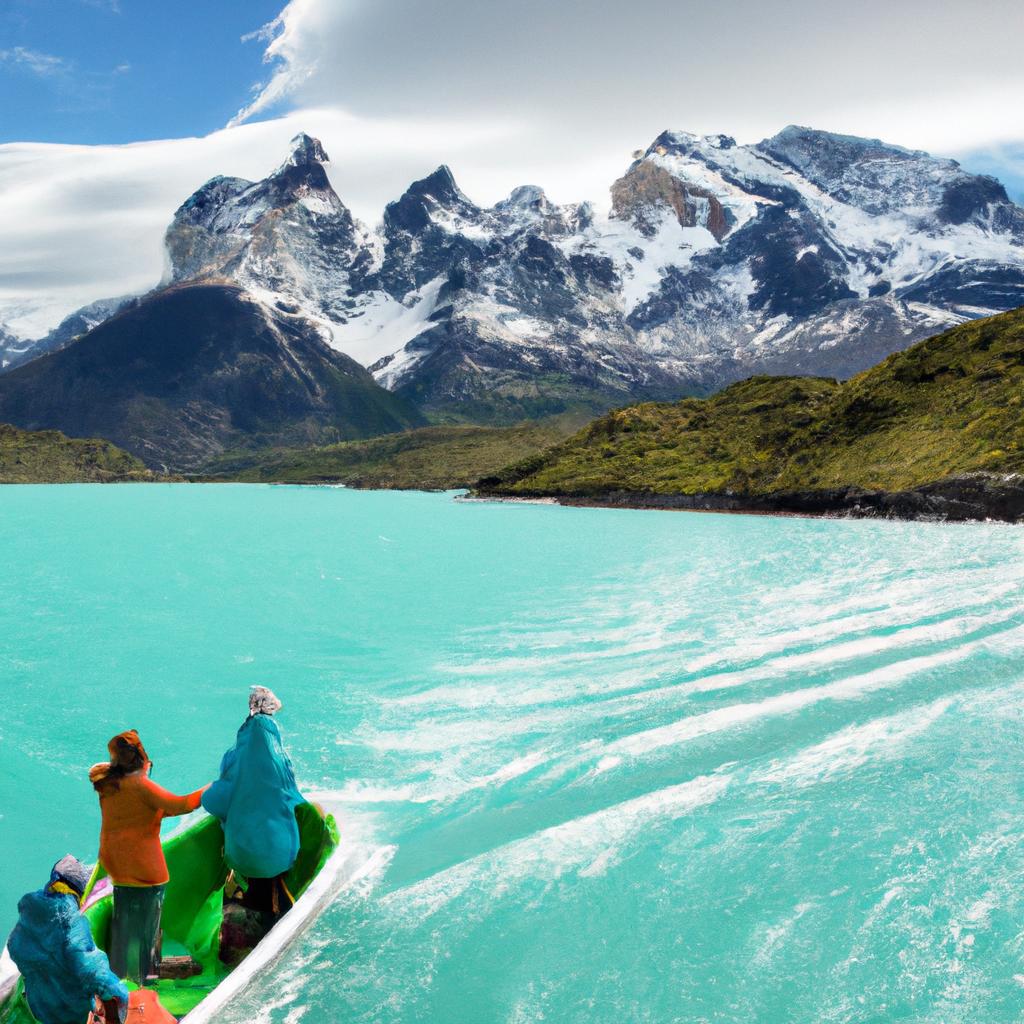 A family taking a boat tour on the turquoise waters of Grey Lake in Torres del Paine National Park.