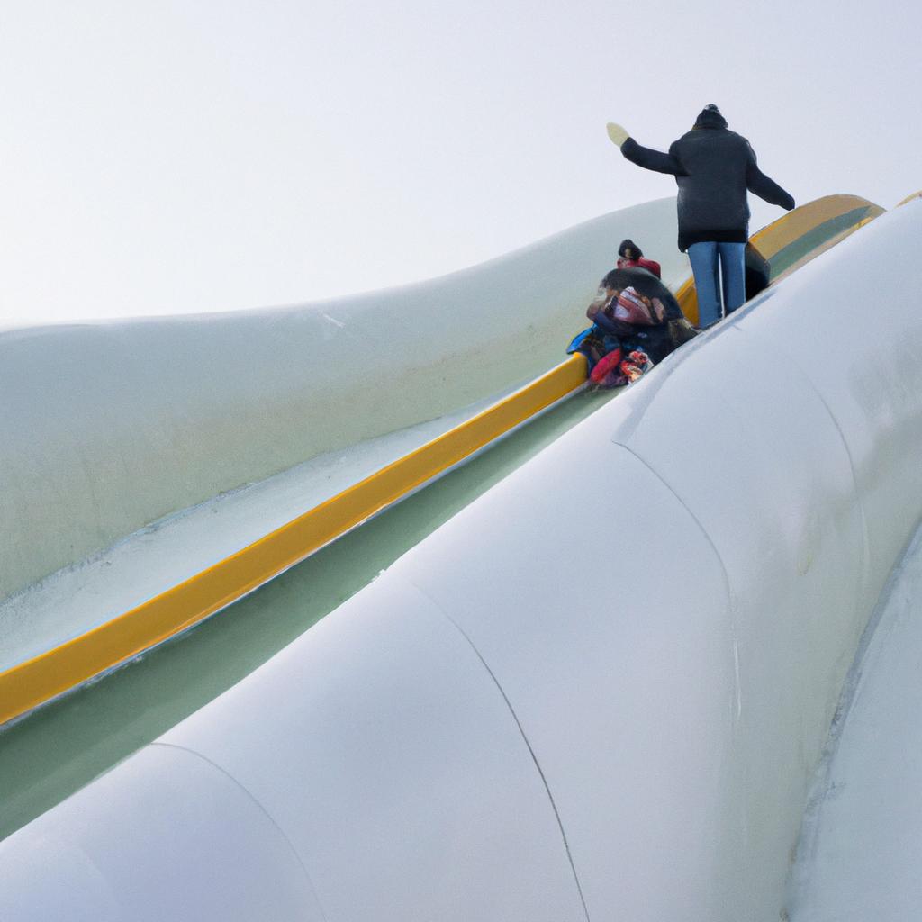 A family having fun on a giant ice slide in Harbin.