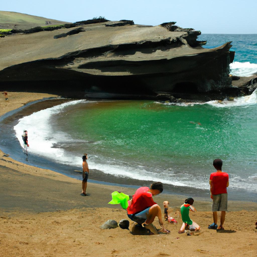 Families spending quality time on [location]'s green sand beach.