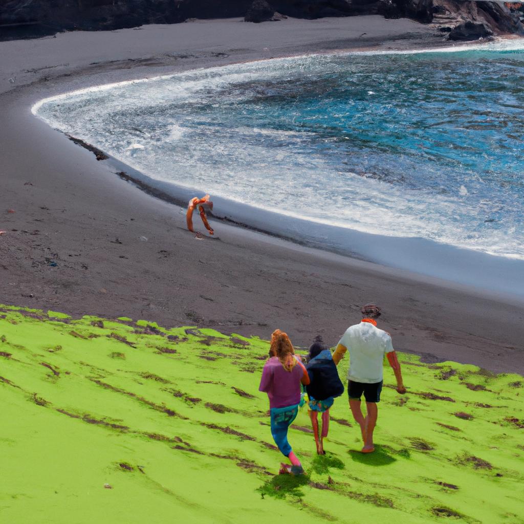 The peaceful and secluded Green Sand Beach in Galapagos, perfect for a day of relaxation with family and loved ones