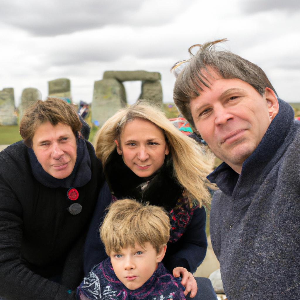 A family takes a selfie in front of Stonehenge, capturing a memorable moment of their journey to the historic site.