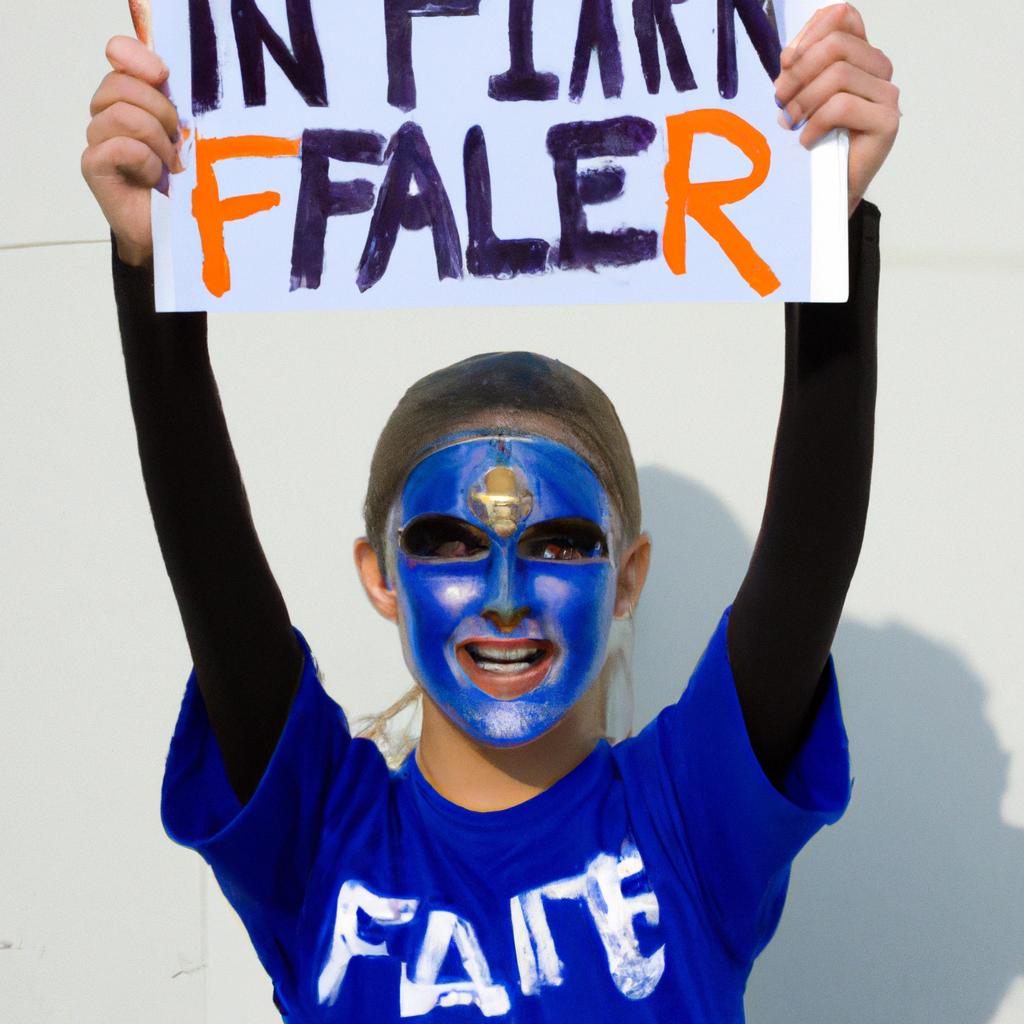 A fan wearing face paint and holding a team banner during a Super Bowl game