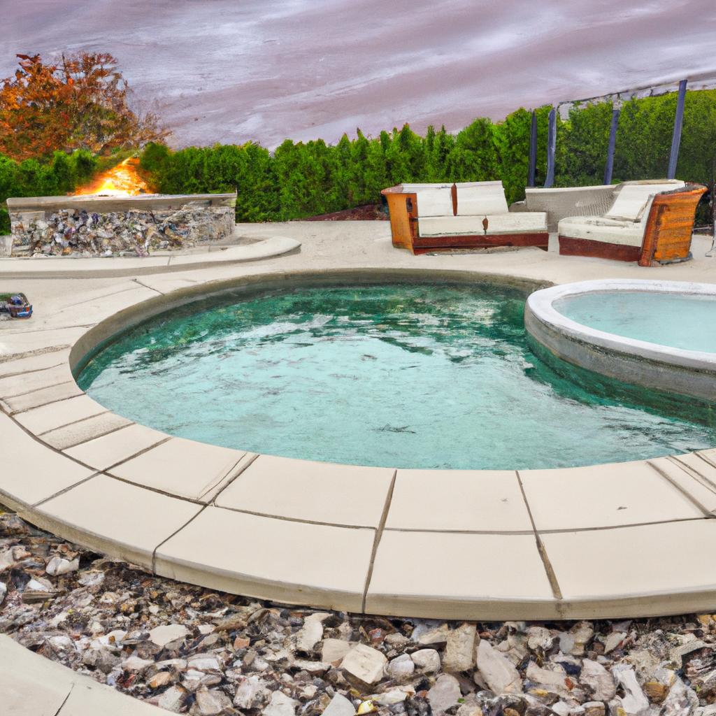 A perfect spot for relaxation - a figure 8 swimming pool with a fire pit and cozy seating area.