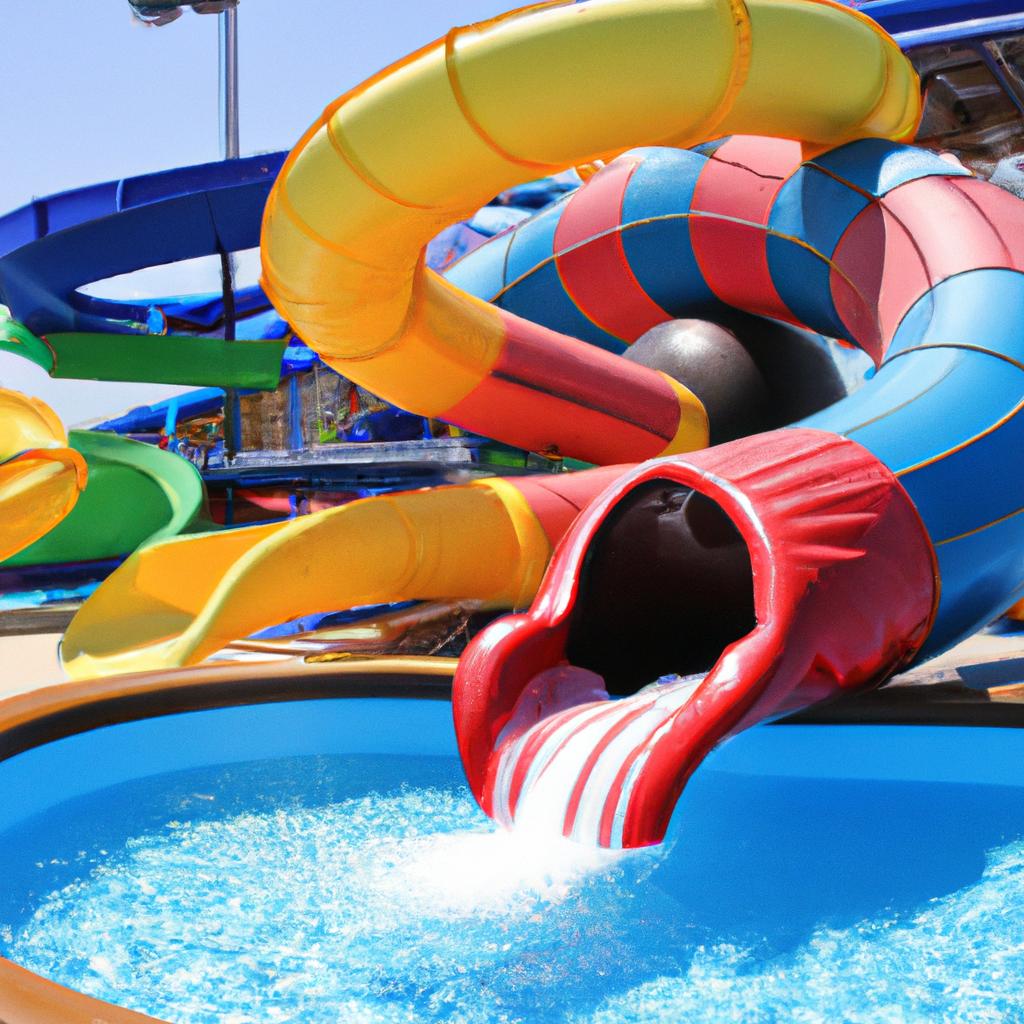 Kids having a blast in a figure 8 swimming pool with a water slide and pool toys.