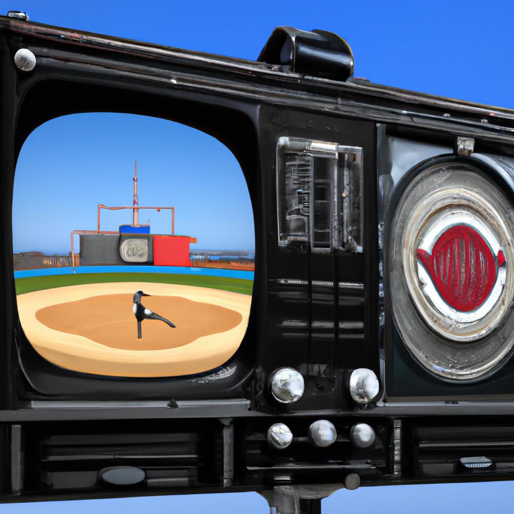 Vintage Television set playing the first televised baseball game