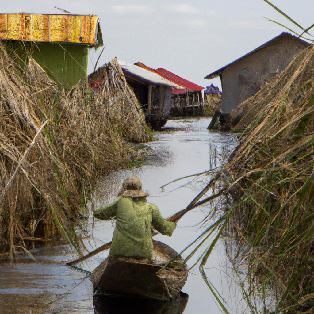 A skilled fisherman navigates through the reed canals of a floating village in Peru