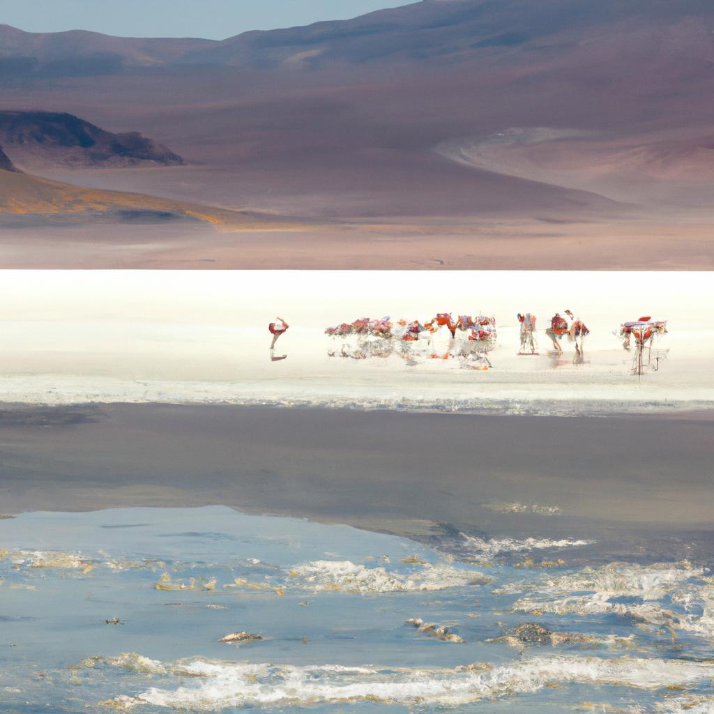 The flamingos find sanctuary in the tranquil waters of the desert lake.