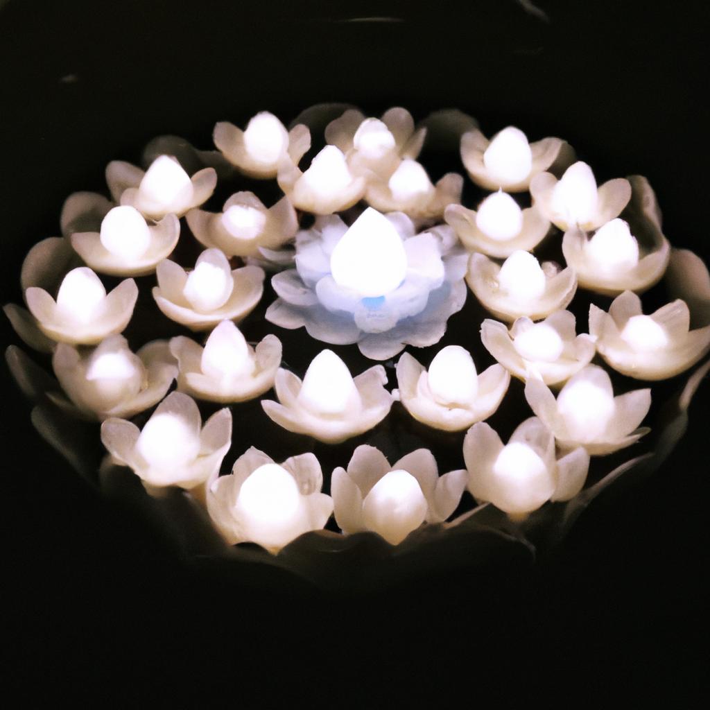 A beautiful lotus flower shape made out of floating candles, creating a peaceful ambiance in any room