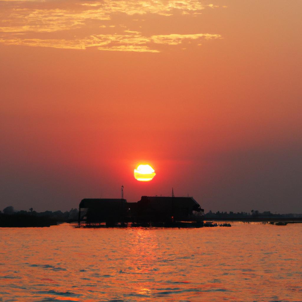 As the sun sets over the floating eye island, its mystical aura is only heightened by the beautiful colors of the sky.