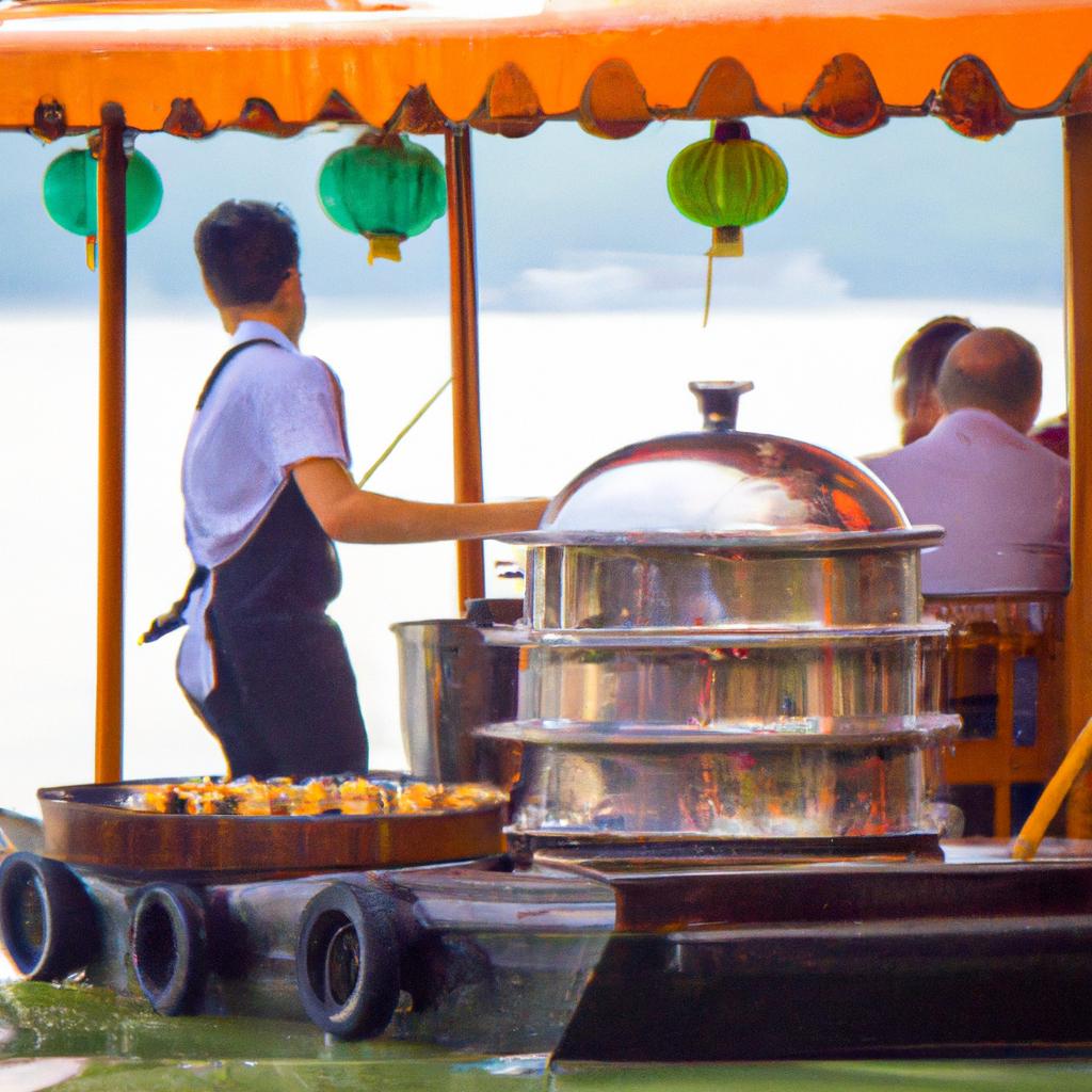 Savoring delicious dim sum dishes on a traditional sampan boat at a floating restaurant in Hong Kong