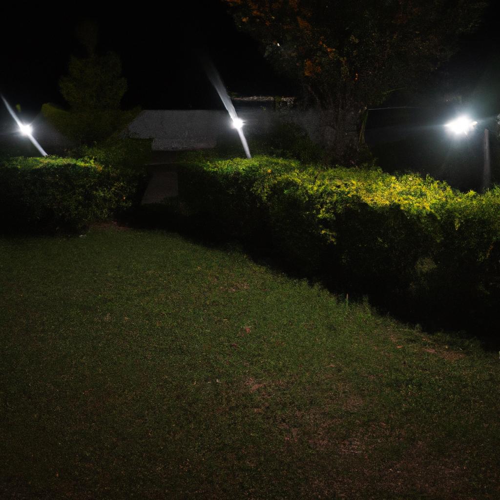 Floodlights provide ample lighting for outdoor activities in this garden