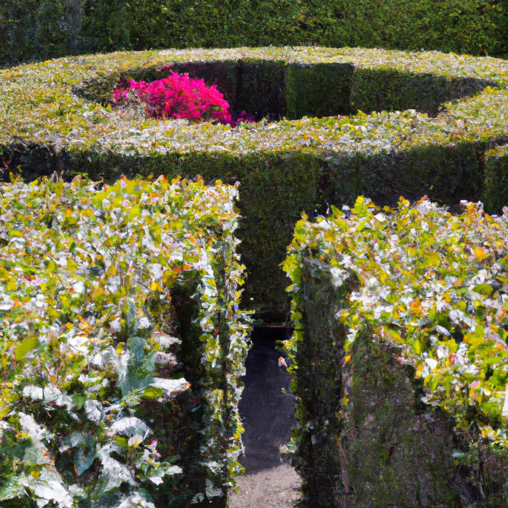 The bright and colorful flowers surrounding this hedge maze add to its beauty and create a picturesque setting for visitors to enjoy.