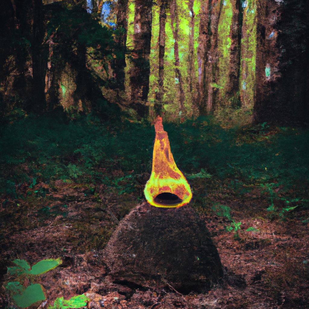 The eternal flame flickers among the trees, shrouded in an aura of mystery and intrigue.