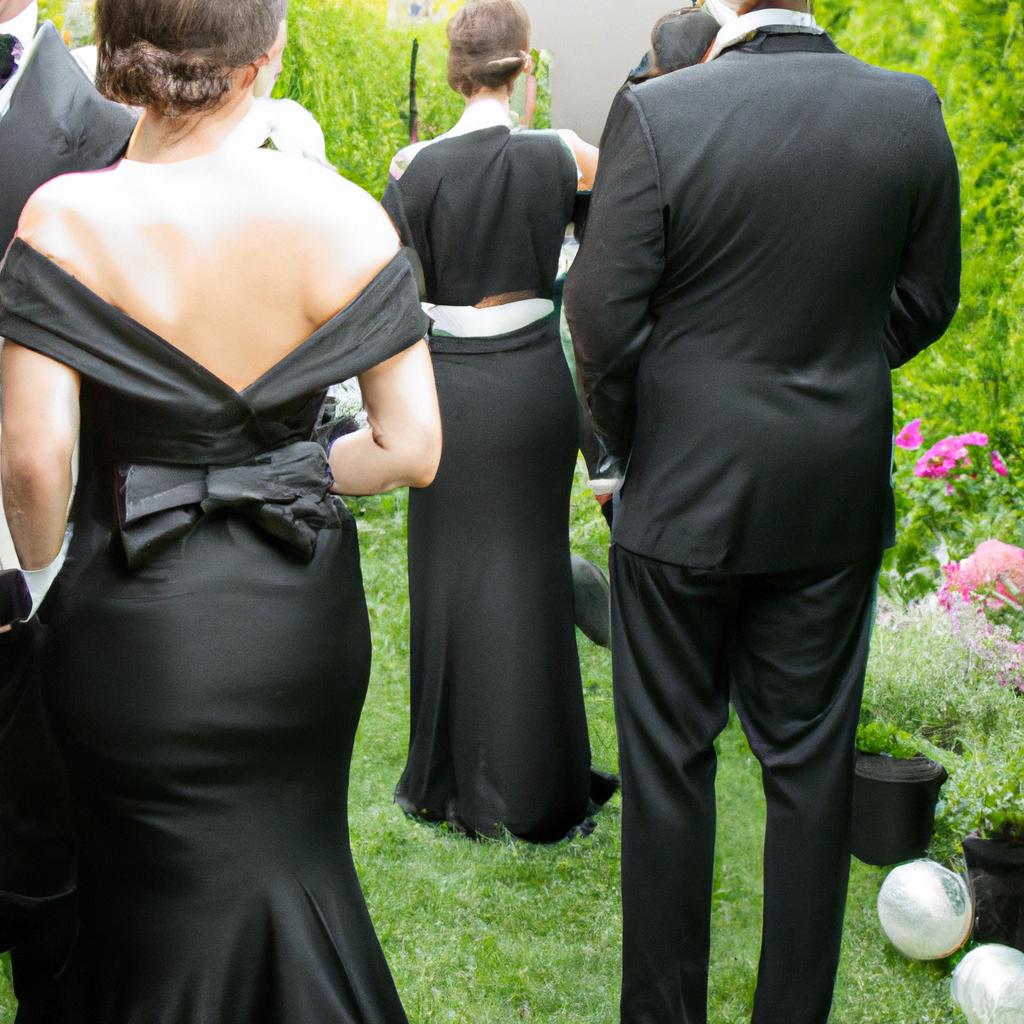 Guests dressed to impress at a formal garden party with a black tie dress code